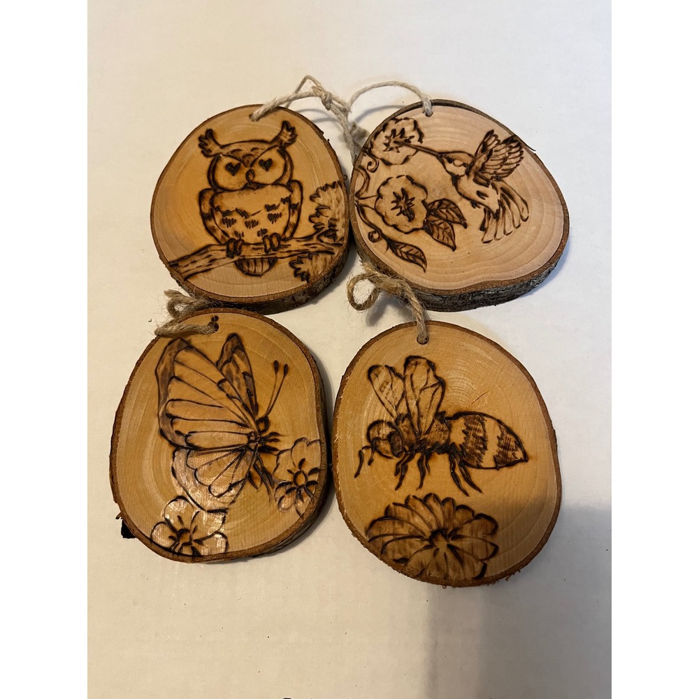 Handmade Wood Burned Nature Ornaments Set of 4 Owl Hummingbird Bee‎ Butterfly